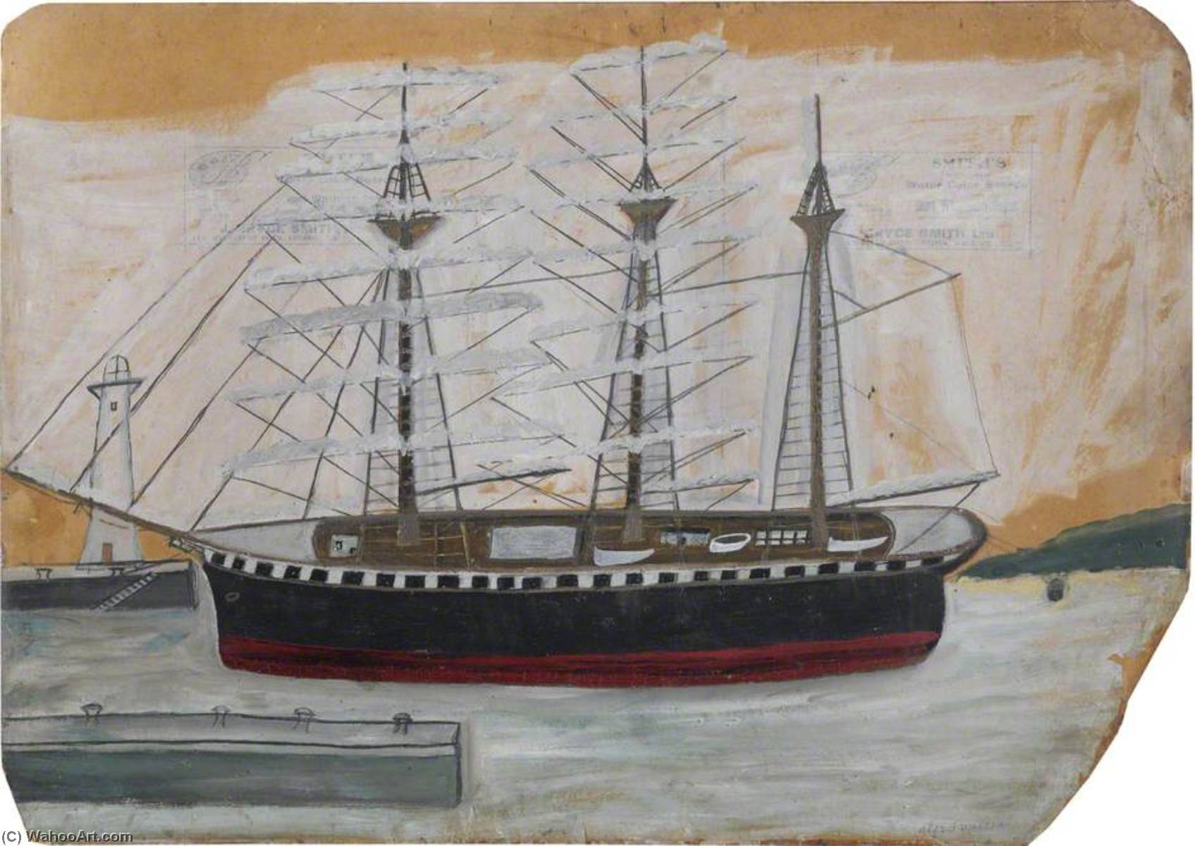 Wikioo.org - The Encyclopedia of Fine Arts - Painting, Artwork by Alfred Wallis - Three Masted Ship near Lighthouse