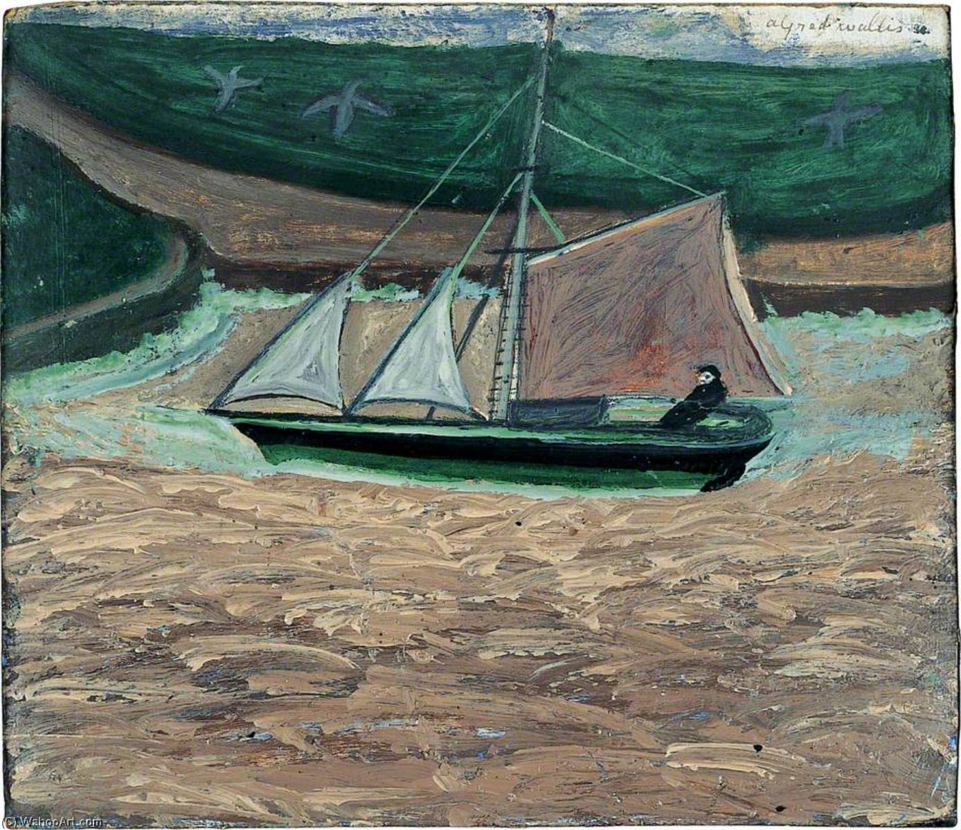 Wikioo.org - The Encyclopedia of Fine Arts - Painting, Artwork by Alfred Wallis - Yacht, pink and green (verso)