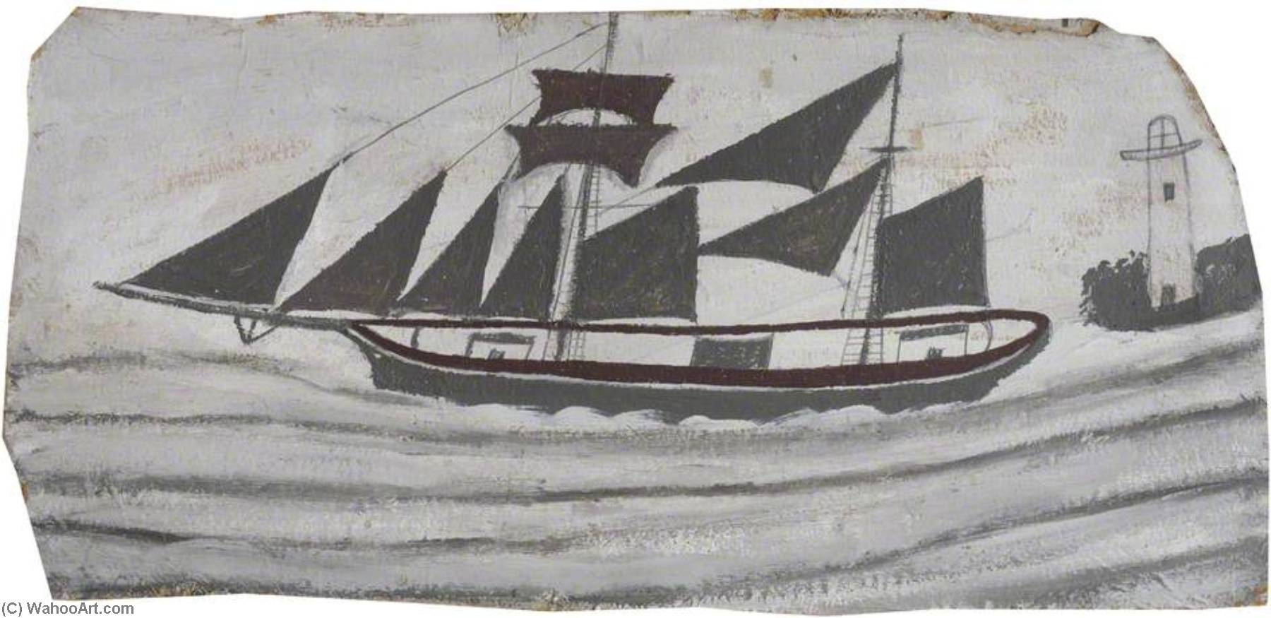 Wikioo.org - The Encyclopedia of Fine Arts - Painting, Artwork by Alfred Wallis - Schooner in Full Sail near a Lighthouse