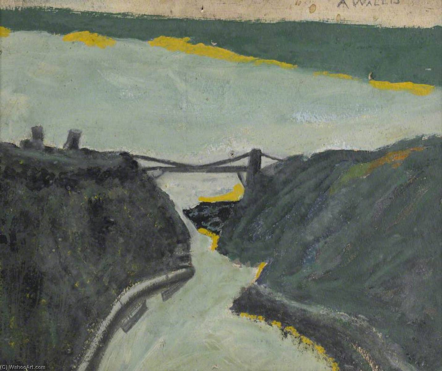Wikioo.org - The Encyclopedia of Fine Arts - Painting, Artwork by Alfred Wallis - Ravine with Estuary (Bristol Channel and Suspension Bridge )