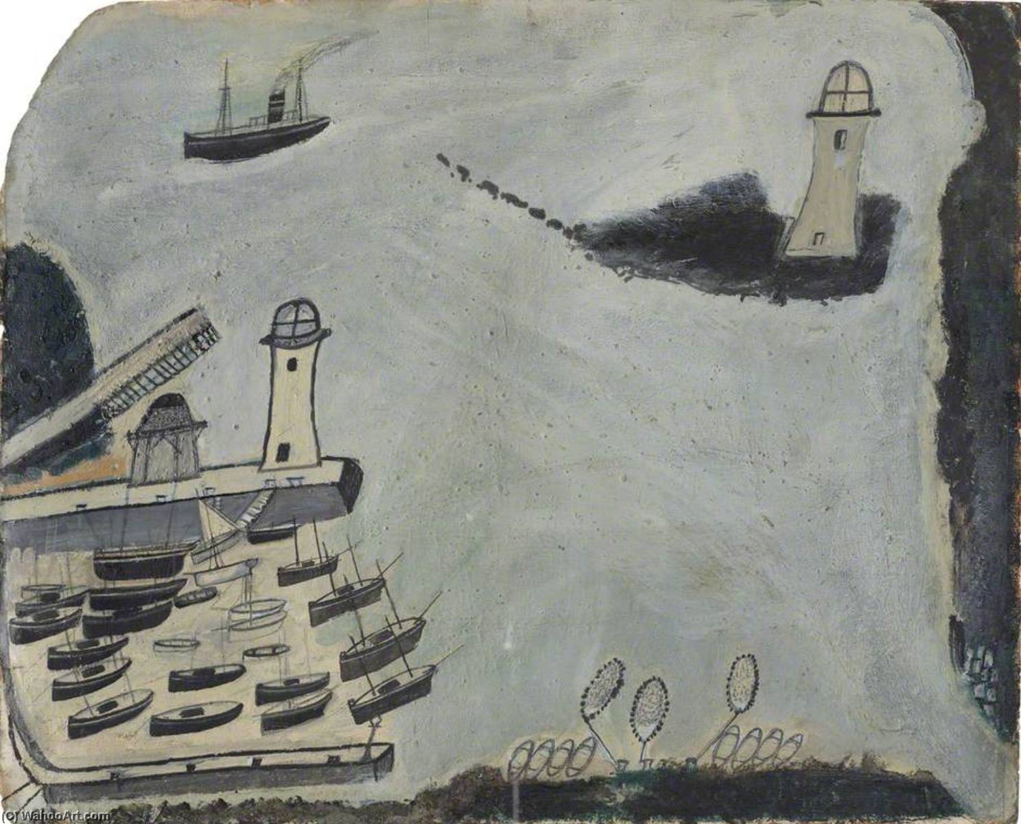 Wikioo.org - The Encyclopedia of Fine Arts - Painting, Artwork by Alfred Wallis - Harbour with Two Lighthouses and Motor Vessel, St Ives Bay
