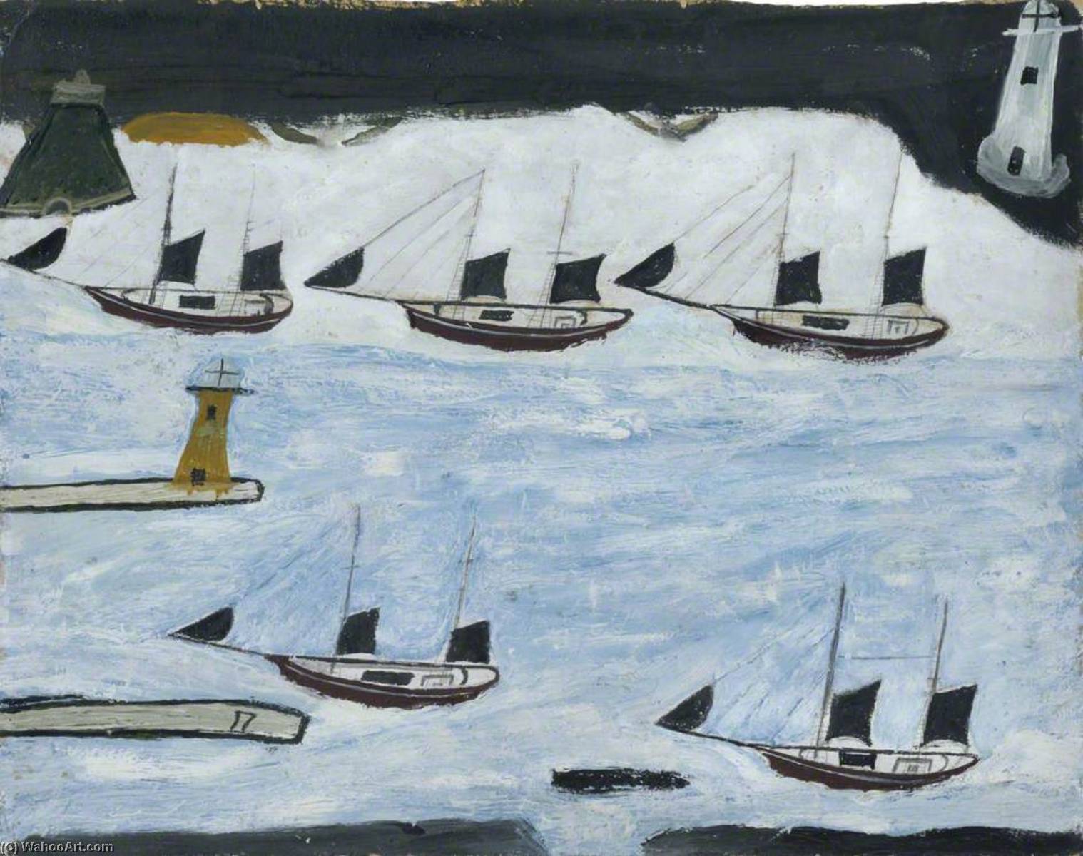 Wikioo.org - Bách khoa toàn thư về mỹ thuật - Vẽ tranh, Tác phẩm nghệ thuật Alfred Wallis - Five Ships, Mount's Bay