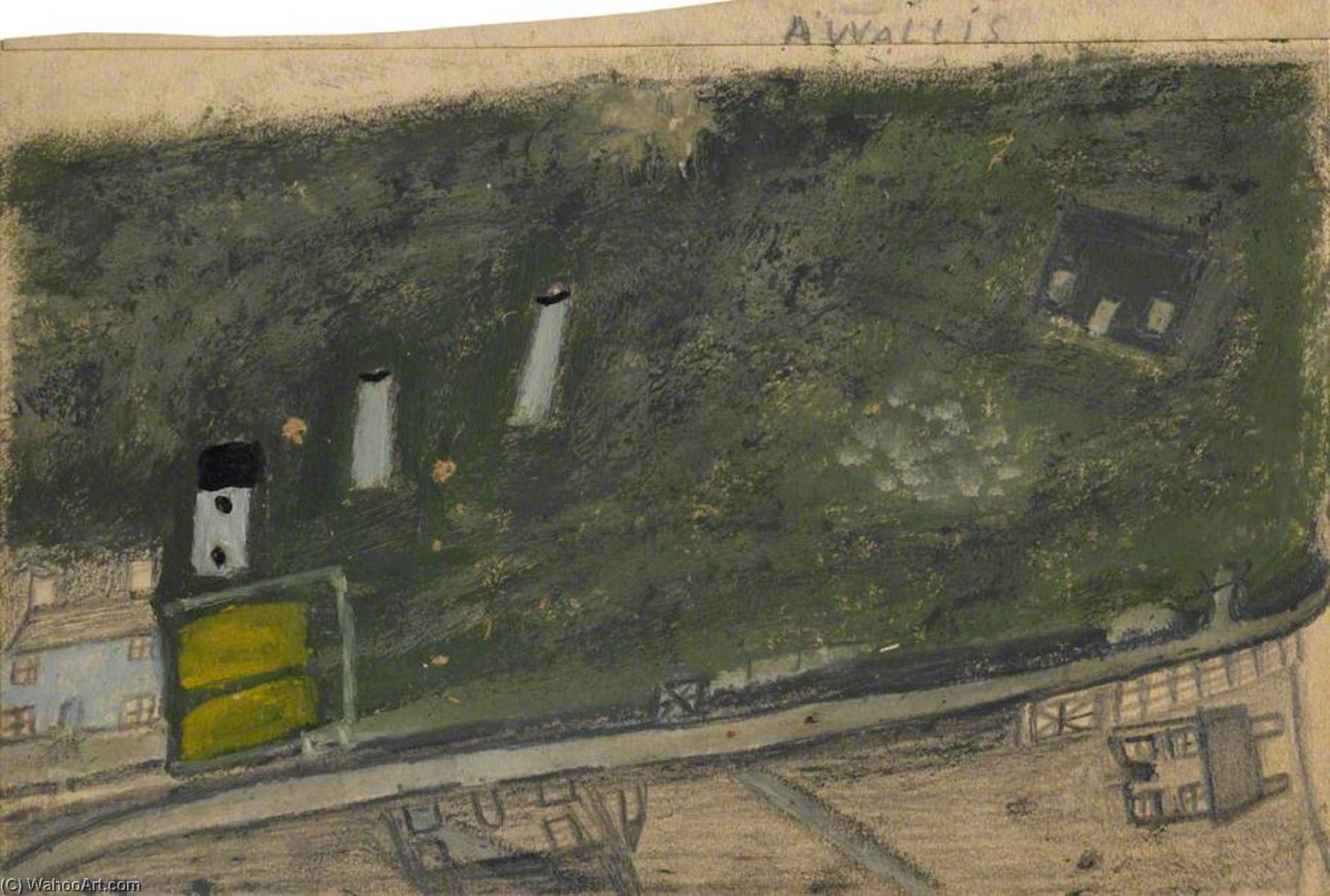 WikiOO.org - Encyclopedia of Fine Arts - Malba, Artwork Alfred Wallis - Landscape with Field, Chimneys and Road between Blue and Dark Green Cottages (Consols Mine)
