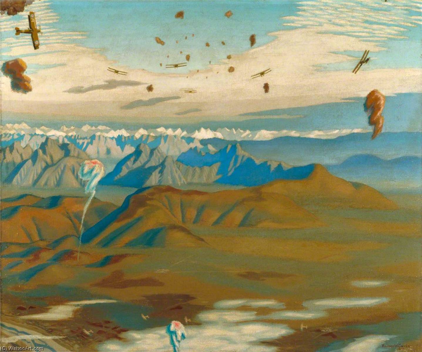 Wikioo.org - The Encyclopedia of Fine Arts - Painting, Artwork by Sydney William Carline - Among the Anti Aircraft Bursts at 20,000 Feet above the Alps A British Air Squadron Crossing the Anglo Austrian Line along the River Piave, Italy