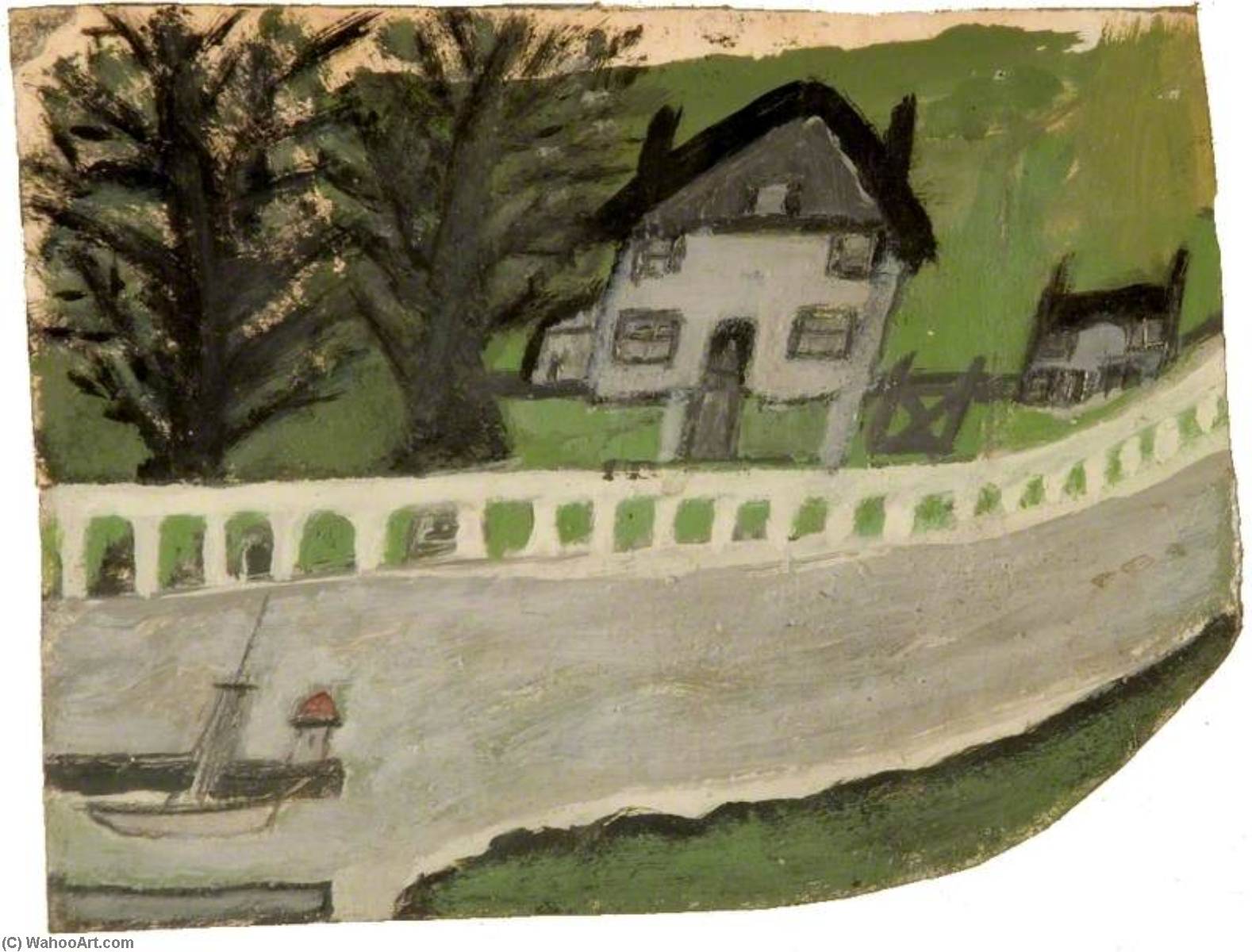 Wikioo.org - The Encyclopedia of Fine Arts - Painting, Artwork by Alfred Wallis - Landscape with a House and Trees