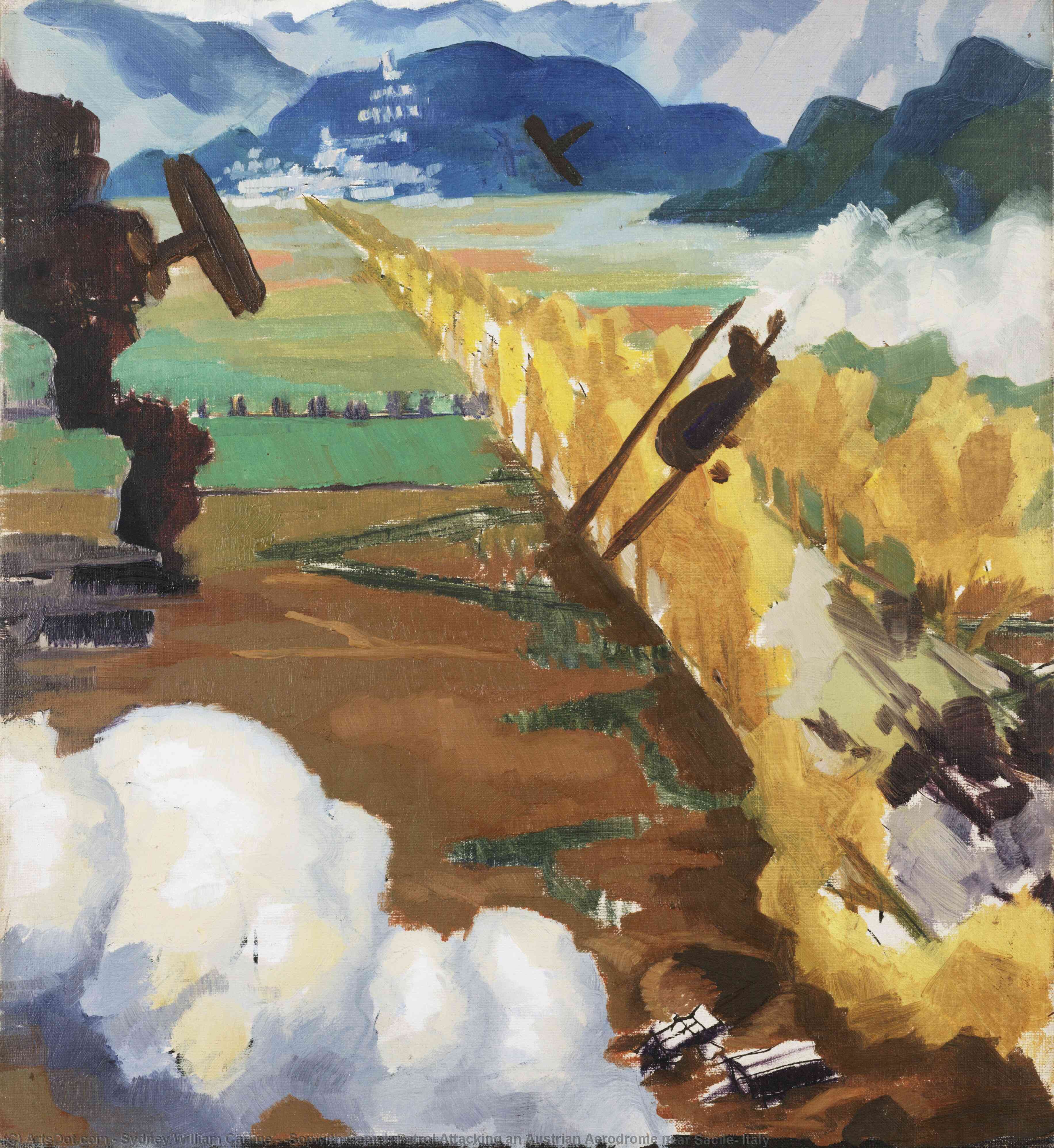 WikiOO.org - Enciclopedia of Fine Arts - Pictura, lucrări de artă Sydney William Carline - 'Sopwith Camel' Patrol Attacking an Austrian Aerodrome near Sacile, Italy
