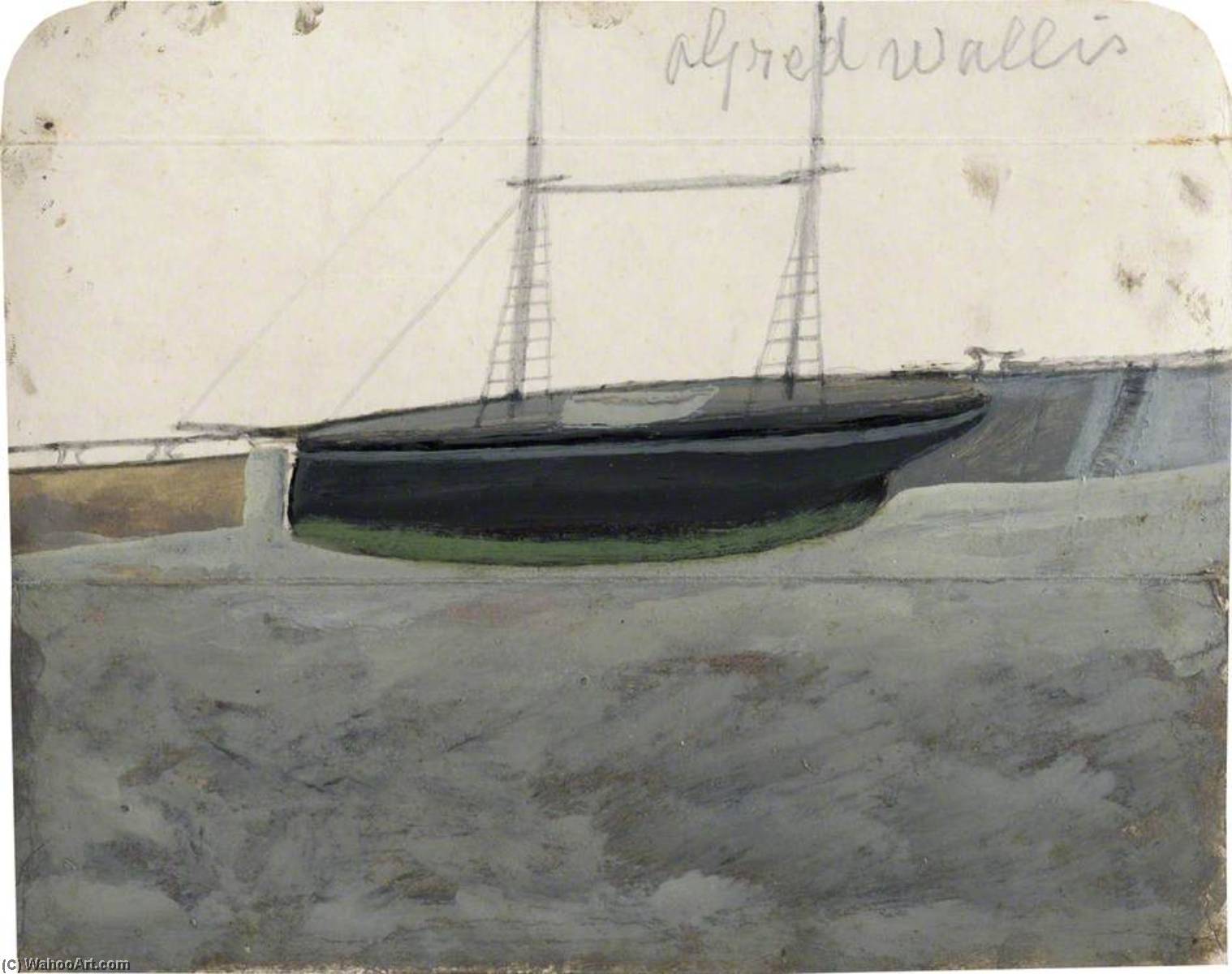Wikioo.org - The Encyclopedia of Fine Arts - Painting, Artwork by Alfred Wallis - Two Master with Green Hull Line alongside Quay