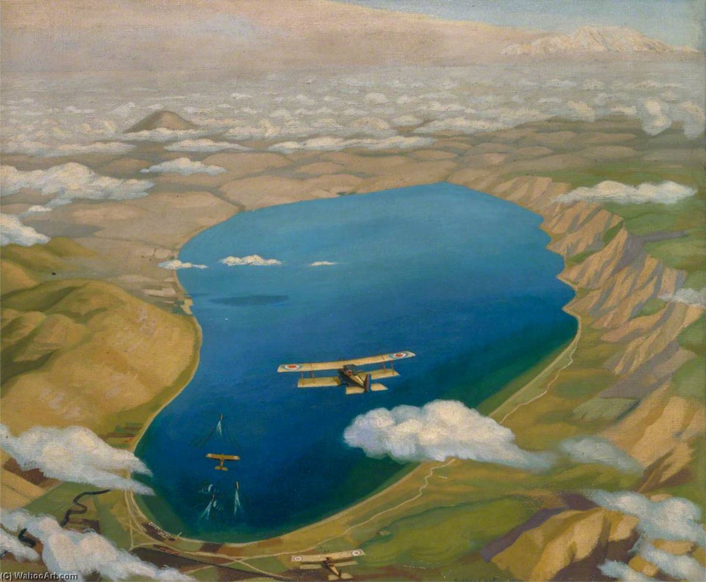 Wikioo.org - The Encyclopedia of Fine Arts - Painting, Artwork by Sydney William Carline - The Sea of Galilee Aeroplanes Attacking Turkish Boats