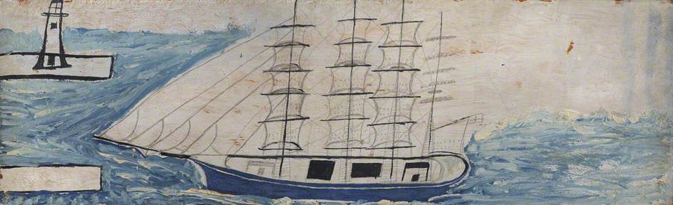 Wikioo.org - The Encyclopedia of Fine Arts - Painting, Artwork by Alfred Wallis - Four Masted Sailing Ship and Lighthouse