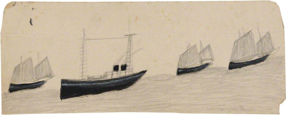 Wikioo.org - The Encyclopedia of Fine Arts - Painting, Artwork by Alfred Wallis - Two Funnel Steamboat amongst Three Sailing Boats