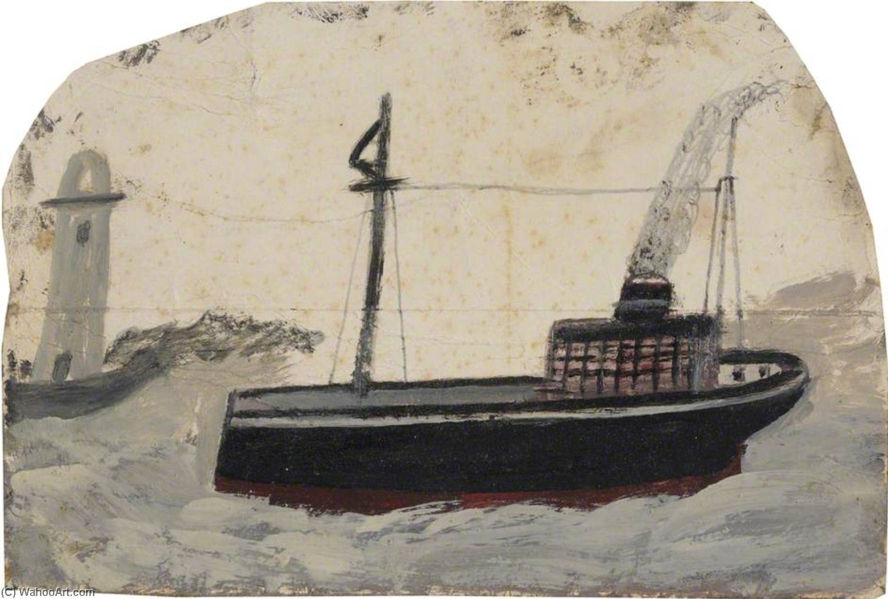 Wikioo.org - The Encyclopedia of Fine Arts - Painting, Artwork by Alfred Wallis - Small Black Steamer with Lighthouse