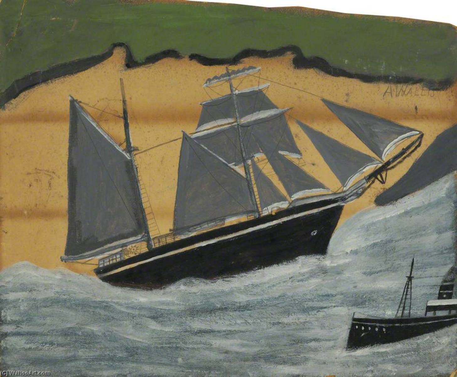 Wikioo.org - The Encyclopedia of Fine Arts - Painting, Artwork by Alfred Wallis - Sailing Ship against a Sandy Beach