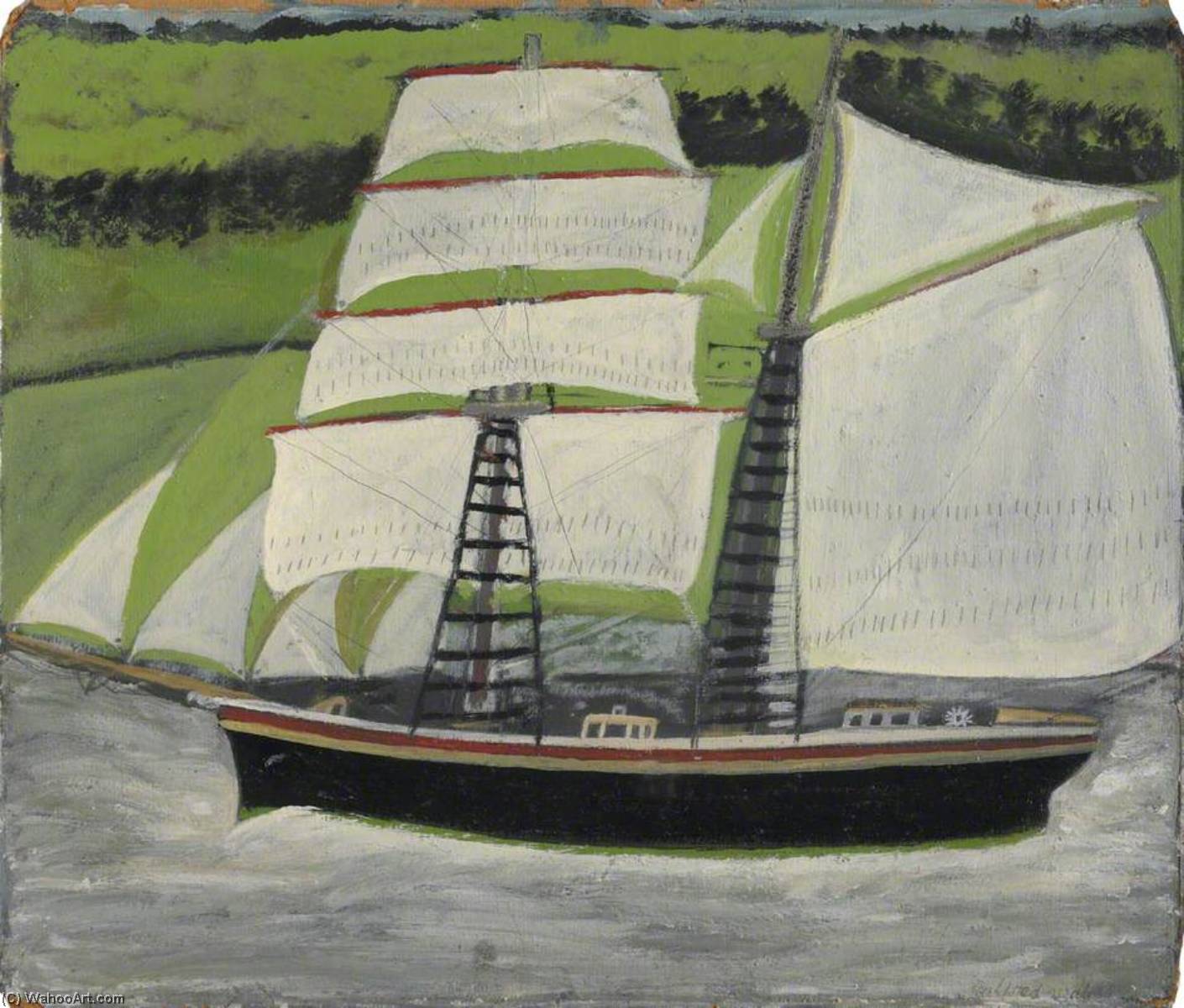 Wikioo.org - The Encyclopedia of Fine Arts - Painting, Artwork by Alfred Wallis - Brigantine Sailing Past Green Fields