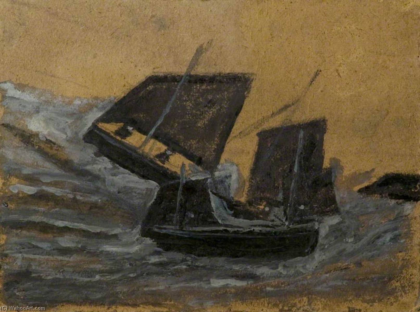 Wikioo.org - The Encyclopedia of Fine Arts - Painting, Artwork by Alfred Wallis - Two Black Boats Sailing up Dark Grey Waves