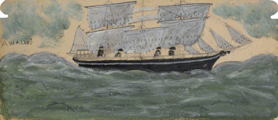 Wikioo.org - The Encyclopedia of Fine Arts - Painting, Artwork by Alfred Wallis - Three Master with Four Sailors and Four Dolphins in Green Sea