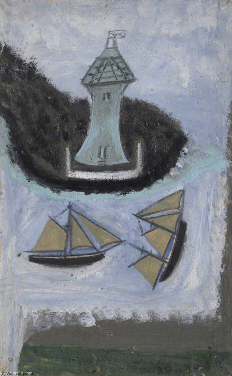 Wikioo.org - The Encyclopedia of Fine Arts - Painting, Artwork by Alfred Wallis - Lighthouse and Two Sailing Ships (recto)