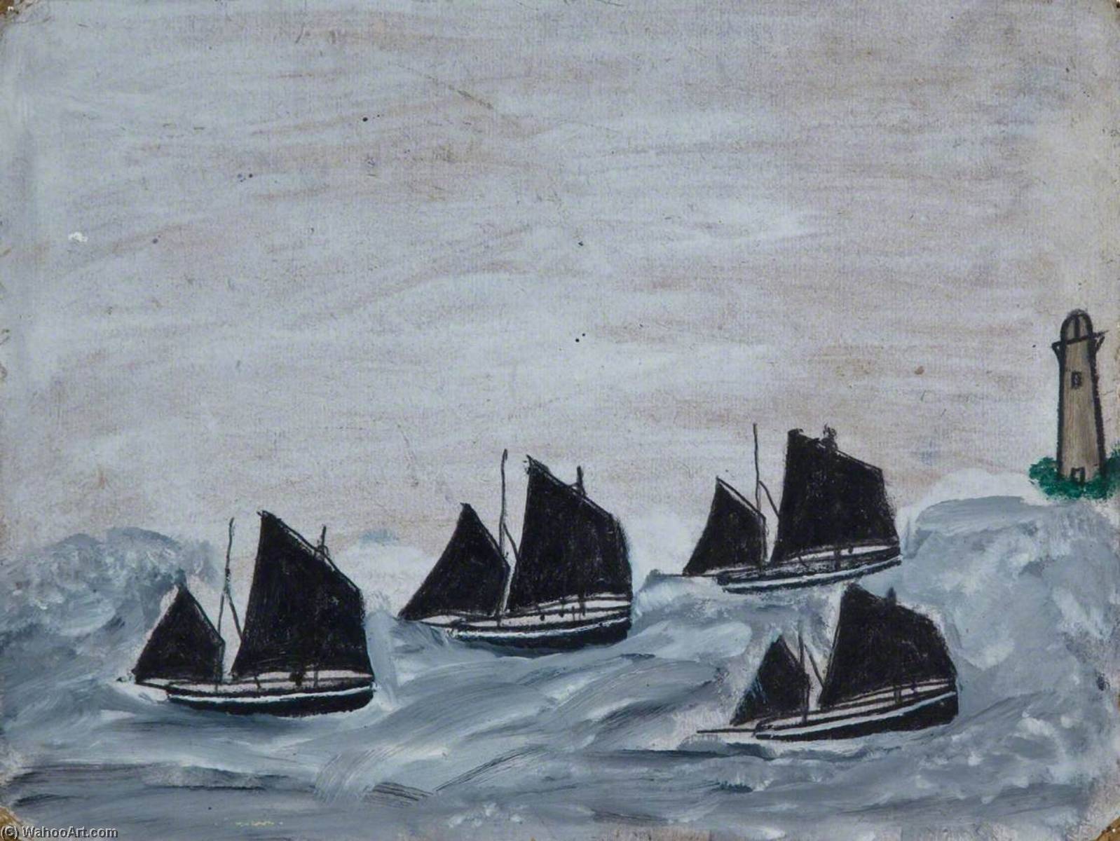 Wikioo.org - The Encyclopedia of Fine Arts - Painting, Artwork by Alfred Wallis - Four Boats by a Lighthouse