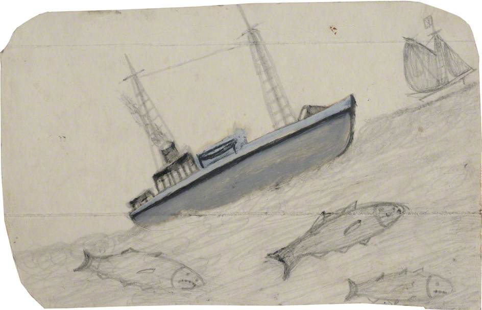 Wikioo.org - Die Enzyklopädie bildender Kunst - Malerei, Kunstwerk von Alfred Wallis - Grau Dampfschiff , segeln schiff und drei Fisch mit Zähne