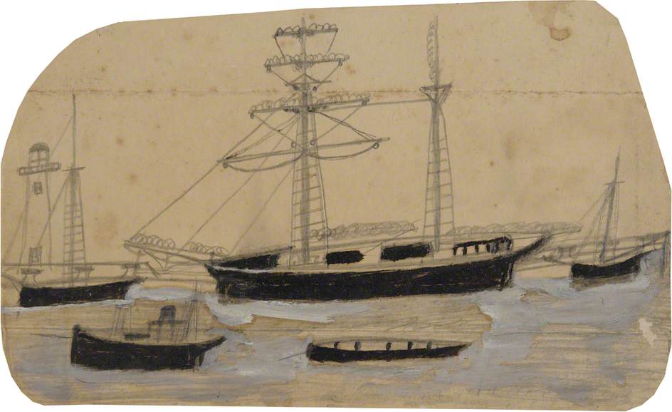 WikiOO.org - Енциклопедия за изящни изкуства - Живопис, Произведения на изкуството Alfred Wallis - Five Ships in Port with Lighthouse