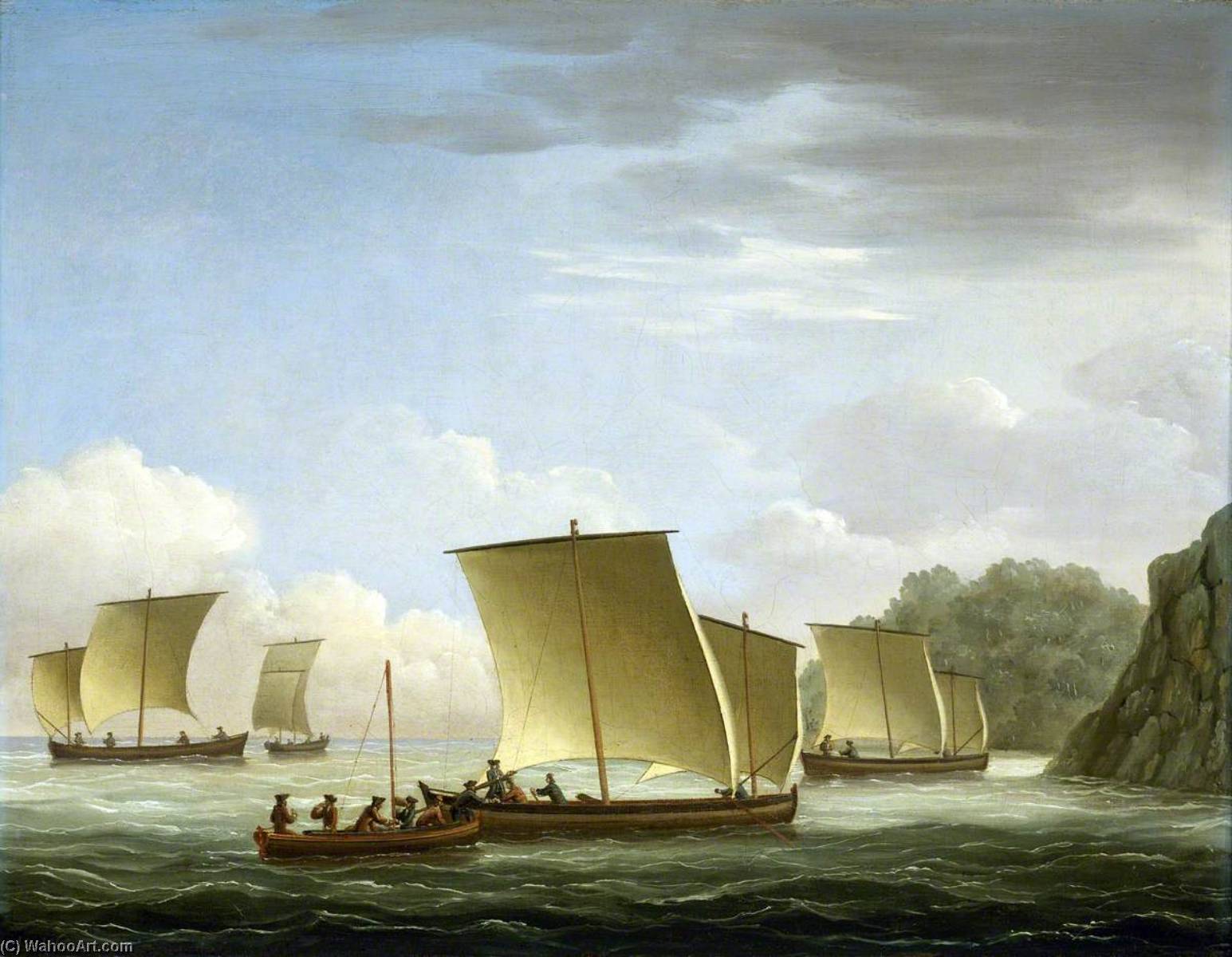 Wikioo.org - Bách khoa toàn thư về mỹ thuật - Vẽ tranh, Tác phẩm nghệ thuật John Cleveley The Elder - The Yawl of the 'Luxborough' Galley Arriving in Newfoundland, 7 July 1727