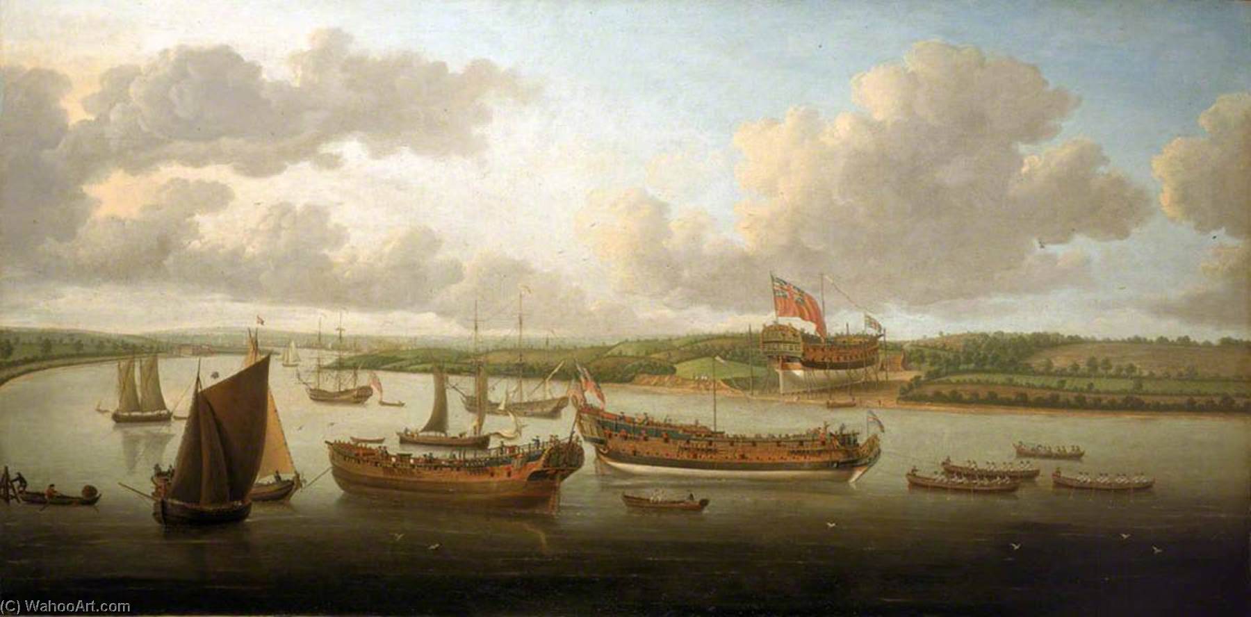 Wikioo.org - The Encyclopedia of Fine Arts - Painting, Artwork by John Cleveley The Elder - Launch of a Fourth Rate on the River Orwell