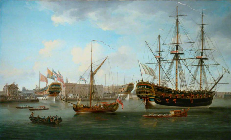 Wikioo.org - The Encyclopedia of Fine Arts - Painting, Artwork by John Cleveley The Elder - Deptford Dockyard 'Les Trois Amis'