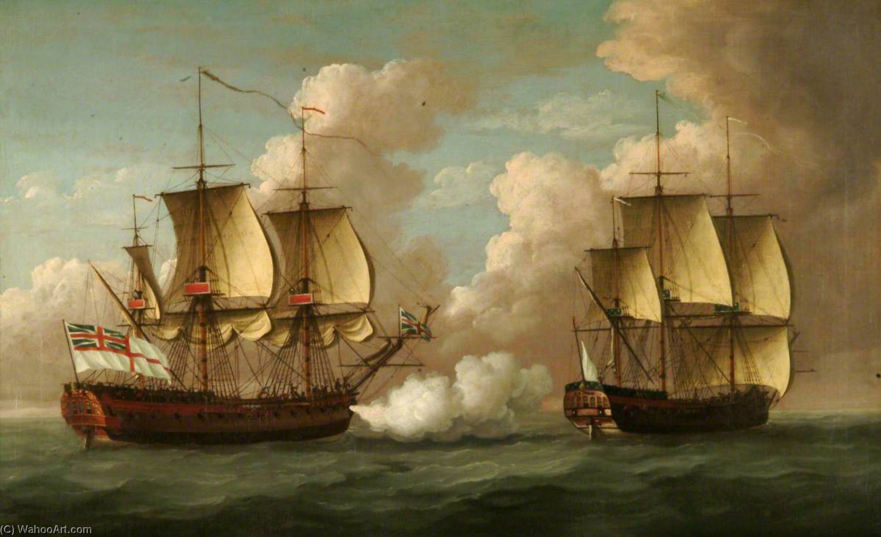 Wikioo.org - The Encyclopedia of Fine Arts - Painting, Artwork by John Cleveley The Elder - HMS 'Brune' Captures French Ship 'L'oiseau'
