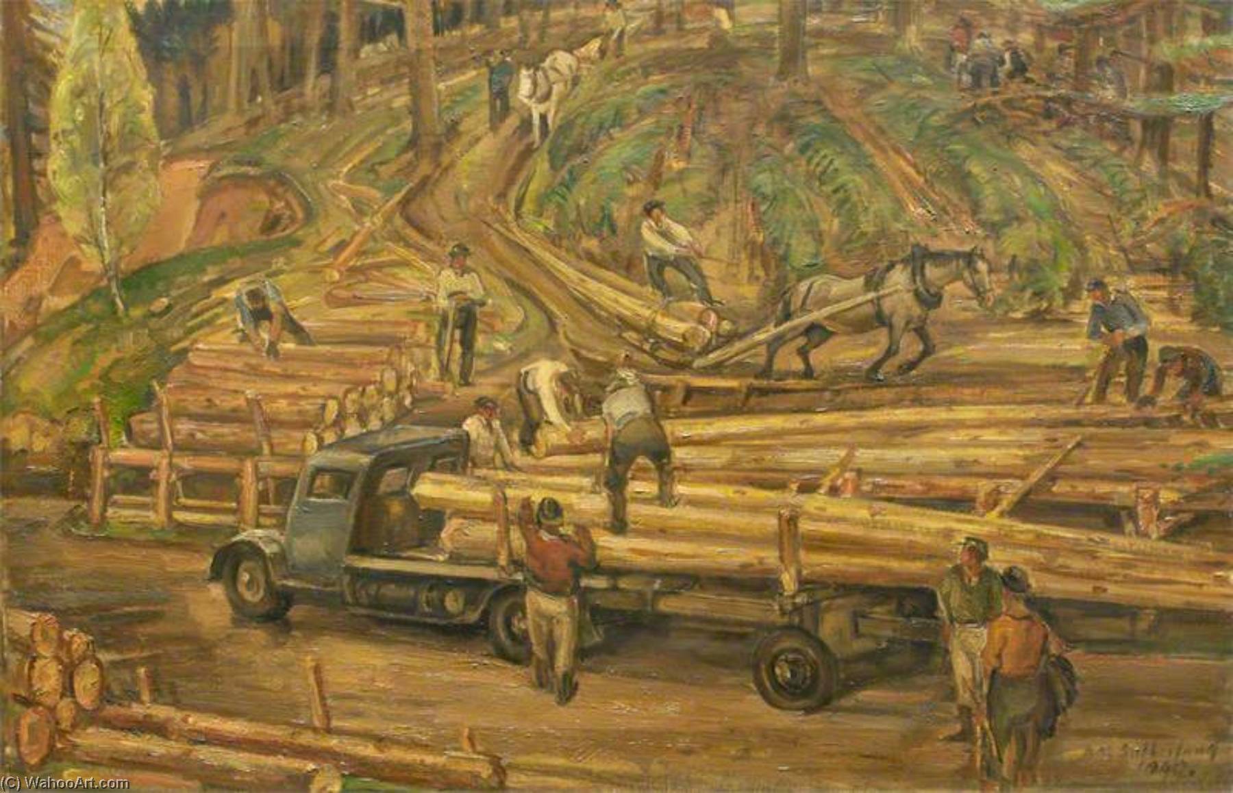 WikiOO.org - Güzel Sanatlar Ansiklopedisi - Resim, Resimler David Macbeth Sutherland - The Loading, Landings, Newfoundland Lumberjacks at Work in Scottish Forest