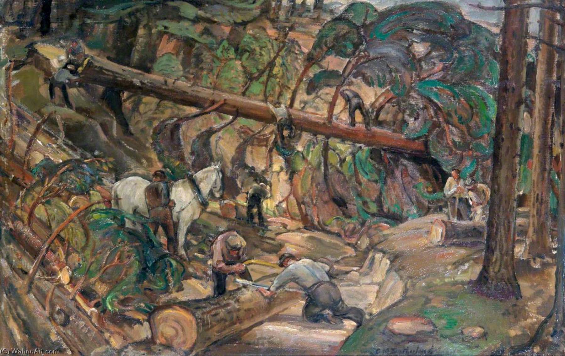 Wikioo.org - The Encyclopedia of Fine Arts - Painting, Artwork by David Macbeth Sutherland - War in the Forest Newfoundland Lumberjacks at Work in Scotland