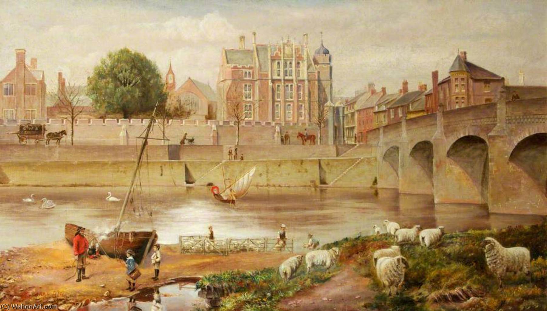 Wikioo.org - The Encyclopedia of Fine Arts - Painting, Artwork by Arthur John Evans - Wye Bridge and Monmouth School