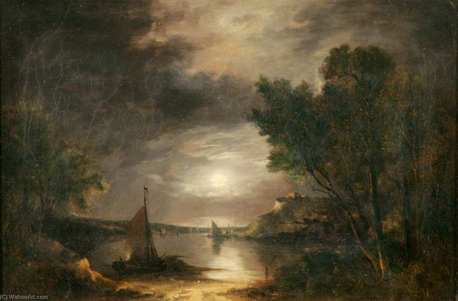 Wikioo.org - The Encyclopedia of Fine Arts - Painting, Artwork by John Berney Crome - River Scene by Moonlight