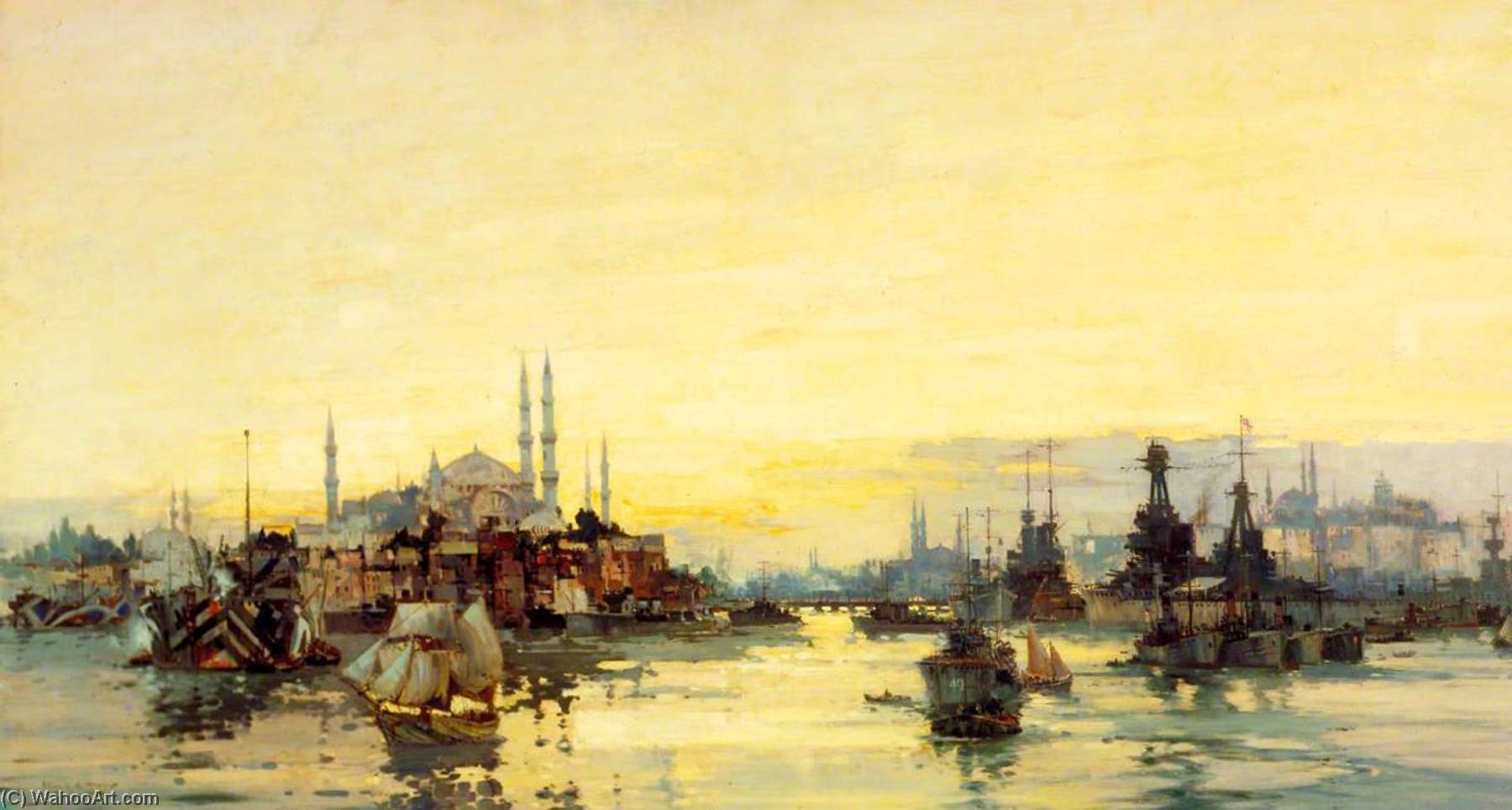 Wikioo.org - The Encyclopedia of Fine Arts - Painting, Artwork by Frank Mason - The Allied Fleet and Shipping at Constantinople