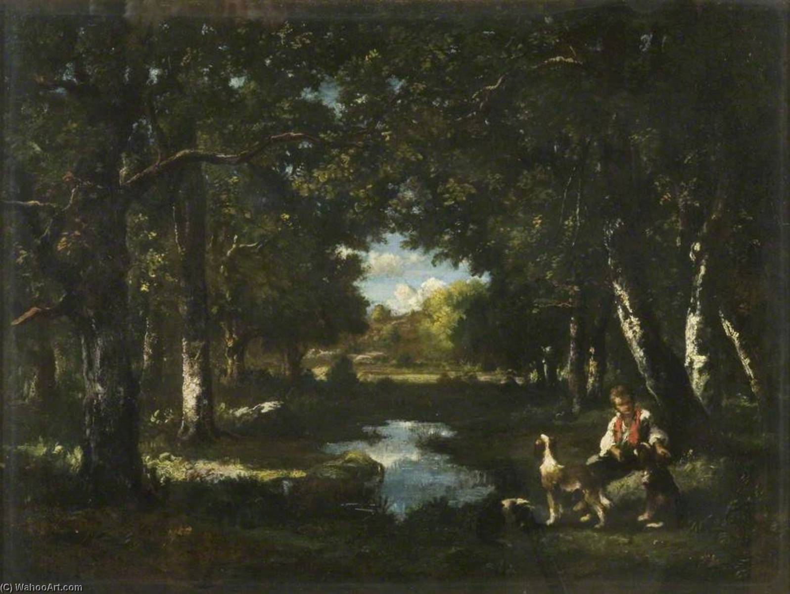 Wikioo.org - The Encyclopedia of Fine Arts - Painting, Artwork by Narcisso Díaz De La Peña - Man and Dog Resting in Forest Glade