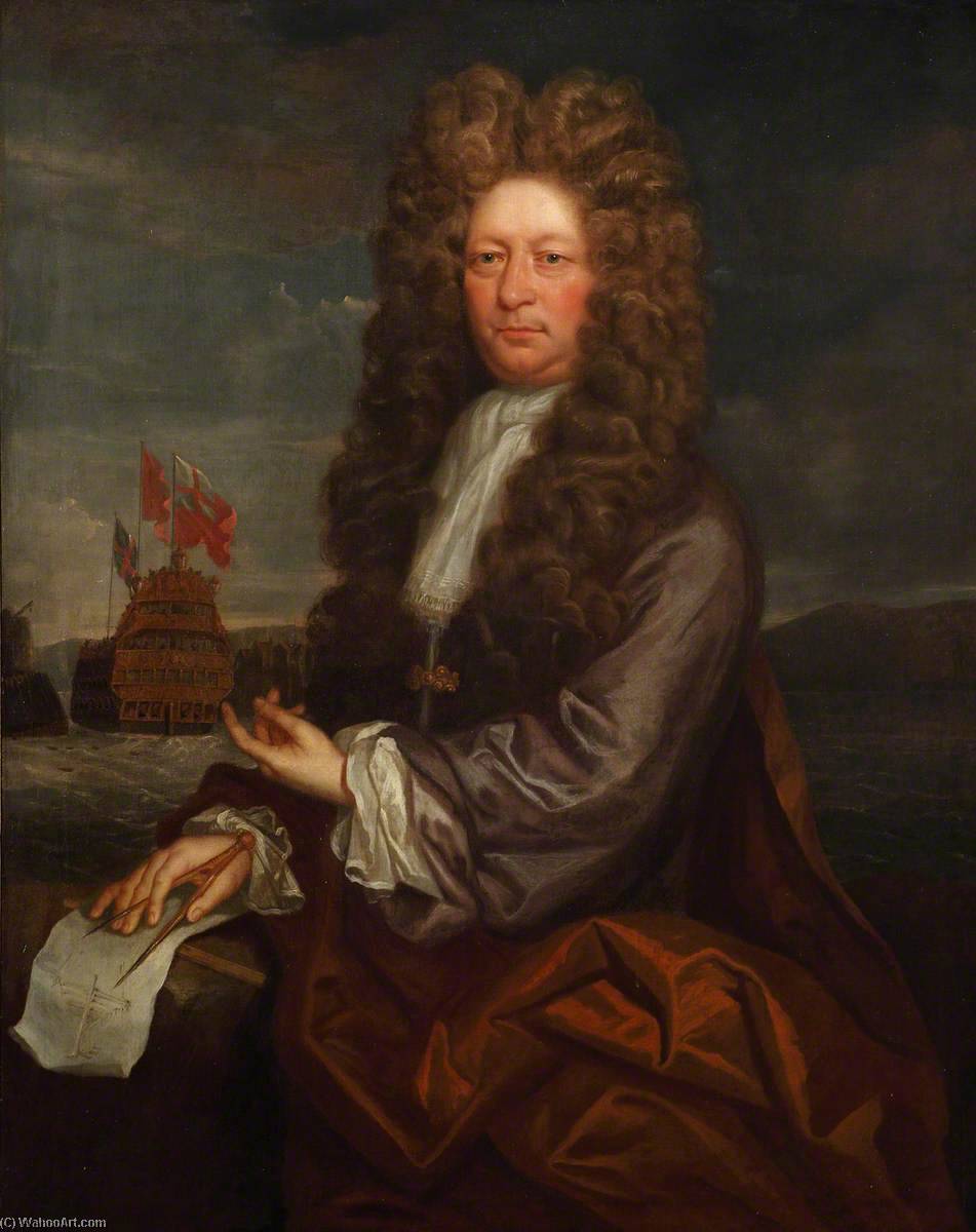 Wikioo.org - The Encyclopedia of Fine Arts - Painting, Artwork by Jonathan Richardson The Elder - Fisher Harding (active 1698–1701), Master Shipwright, with the Launch of the 'Royal Sovereign', 1701