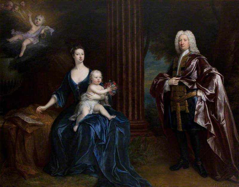 Wikioo.org - The Encyclopedia of Fine Arts - Painting, Artwork by Jonathan Richardson The Elder - Sir Nathaniel Curzon (1676–1758), 4th Bt Curzon, with His Wife, Mary Assheton (1695–1776), Lady Curzon, and Their Son Nathaniel (1726–1804), Later Nathaniel Curzon, 1st Baron Scarsdale, with Their Dead Son John Curzon (1719–1720), in the Clouds above