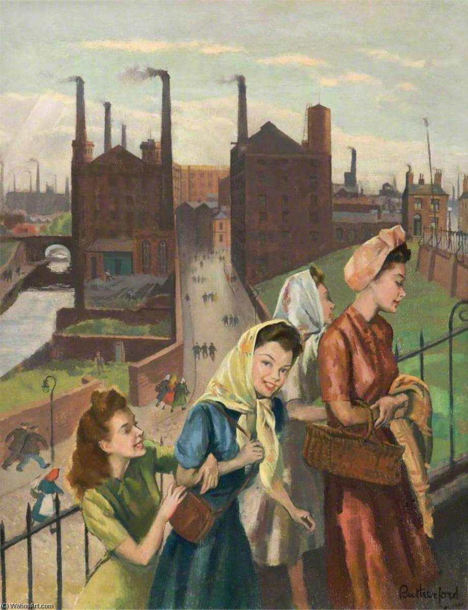 Wikioo.org - The Encyclopedia of Fine Arts - Painting, Artwork by Harry Rutherford - Mill Girls, Ashton, Lancashire