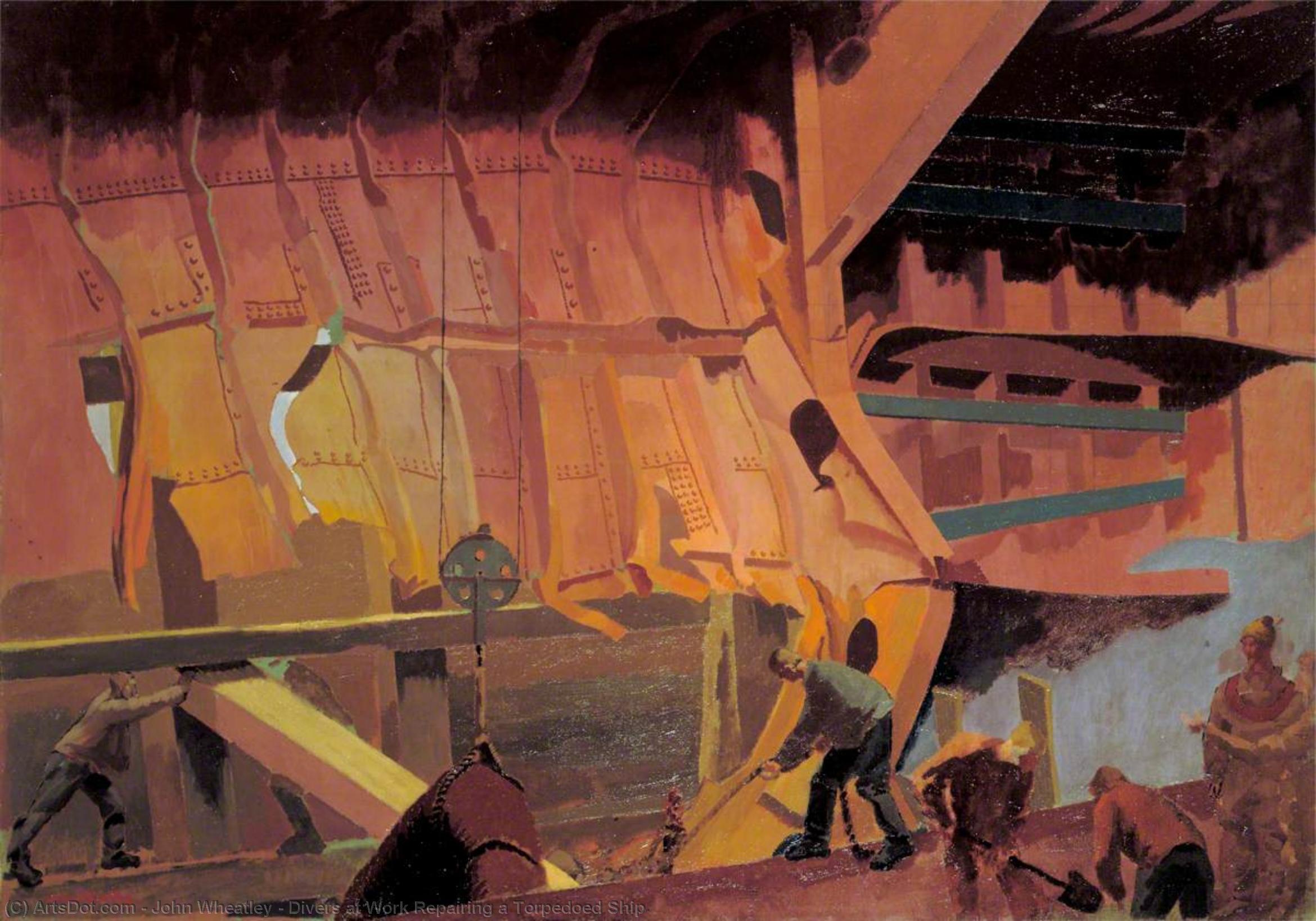 Wikioo.org - The Encyclopedia of Fine Arts - Painting, Artwork by John Wheatley - Divers at Work Repairing a Torpedoed Ship