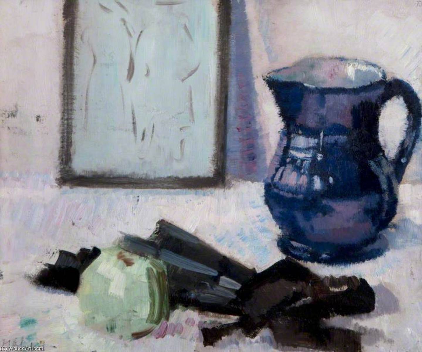 Wikioo.org - The Encyclopedia of Fine Arts - Painting, Artwork by Francis Campbell Boileau Cadell - Still Life with Blue Jug, Fan and an Apple