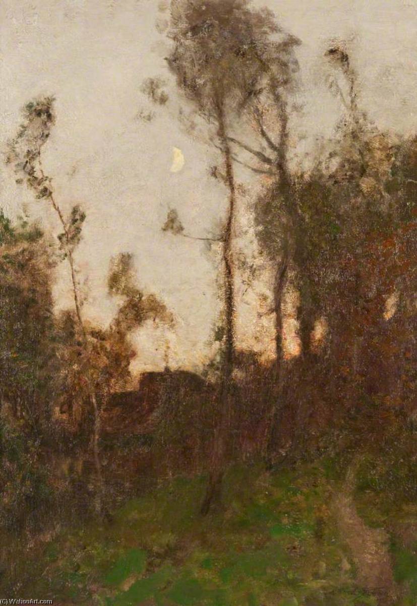Wikioo.org - The Encyclopedia of Fine Arts - Painting, Artwork by Robert Macaulay Stevenson - Forest Scene, Cottage and Crescent Moon