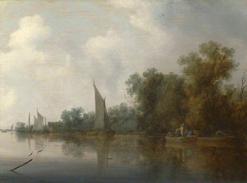 Wikioo.org - The Encyclopedia of Fine Arts - Painting, Artwork by Salomon Van Ruysdael - A River with Fishermen drawing a Net