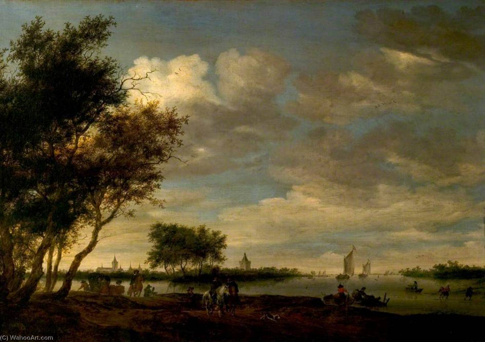 Wikioo.org - The Encyclopedia of Fine Arts - Painting, Artwork by Salomon Van Ruysdael - River Scene with a Distant View of Vianen, The Netherlands