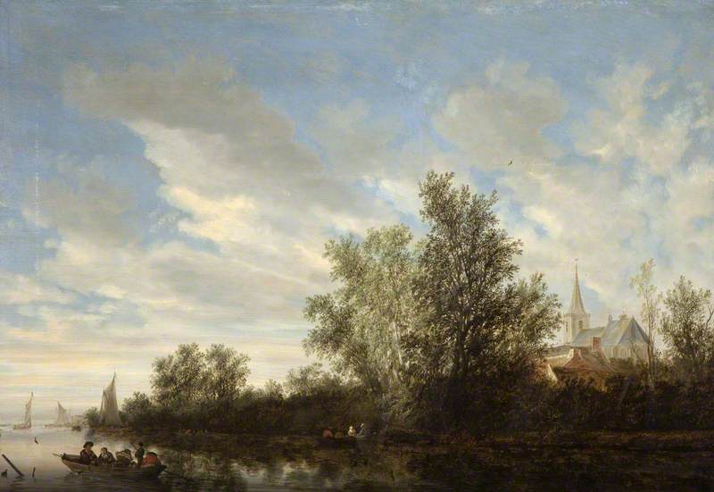 Wikioo.org - The Encyclopedia of Fine Arts - Painting, Artwork by Salomon Van Ruysdael - River Landscape with Figures in Boats and a Church in the Distance