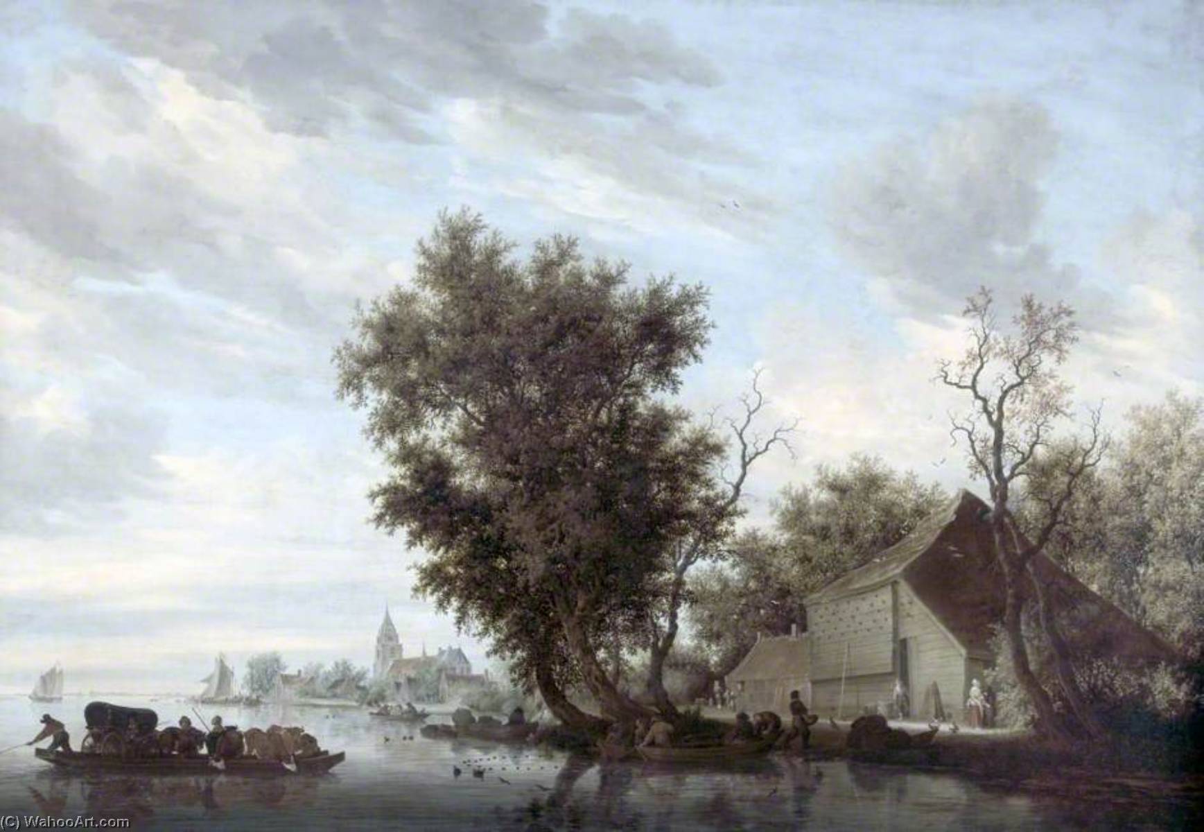Wikioo.org - The Encyclopedia of Fine Arts - Painting, Artwork by Salomon Van Ruysdael - River Scene with a Ferry Boat