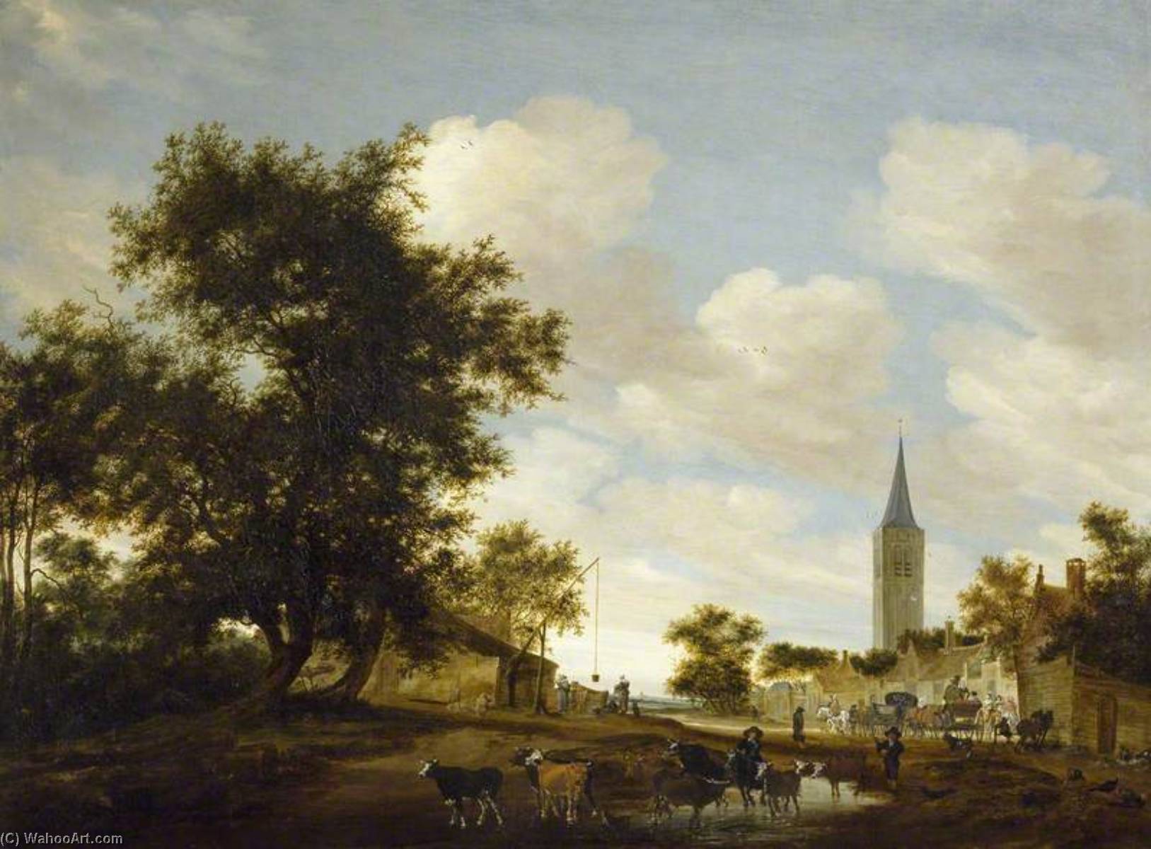 Wikioo.org - The Encyclopedia of Fine Arts - Painting, Artwork by Salomon Van Ruysdael - A Draw well with Cattle before Beverwijck Church