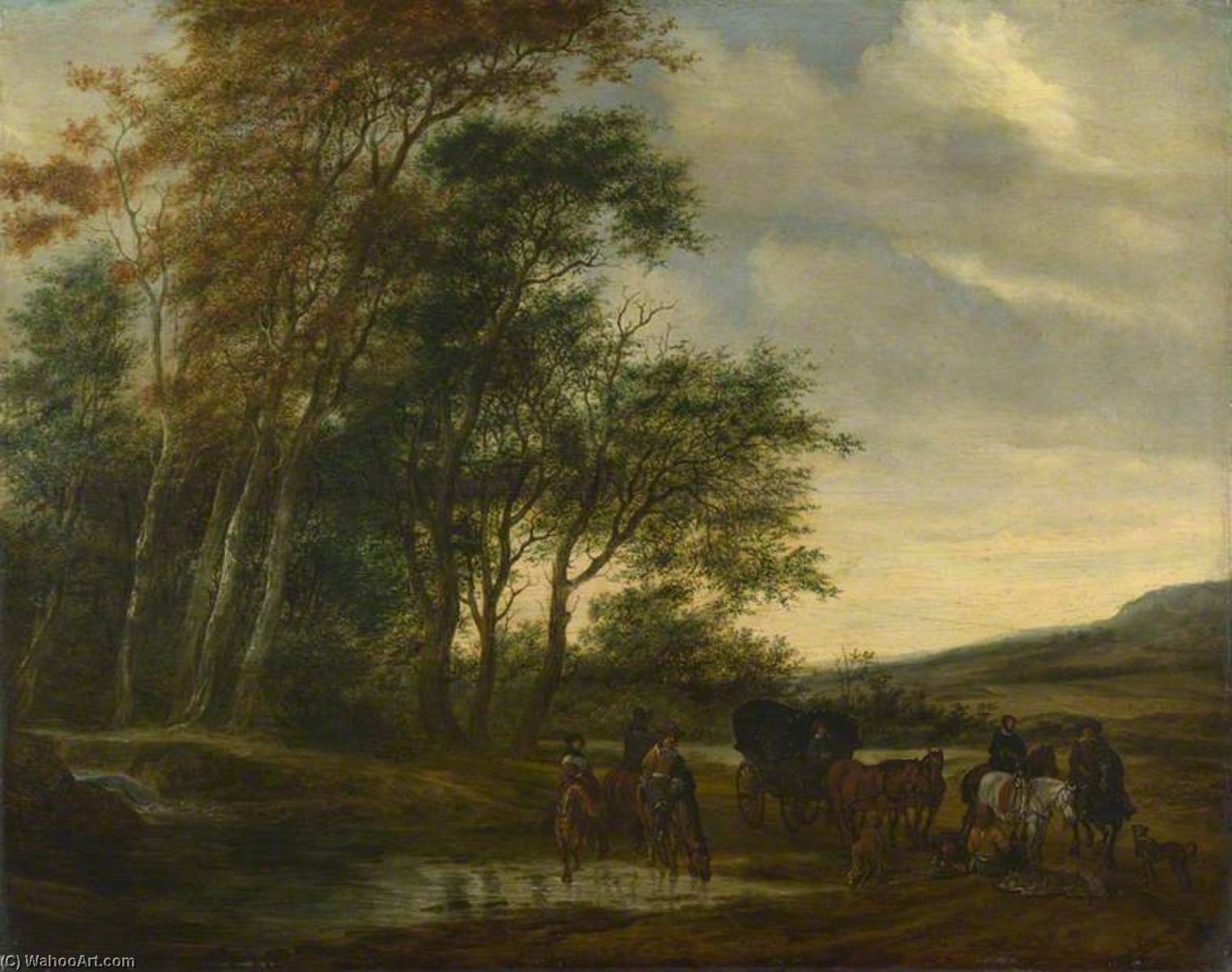 Wikioo.org - The Encyclopedia of Fine Arts - Painting, Artwork by Salomon Van Ruysdael - A Landscape with a Carriage and Horsemen at a Pool