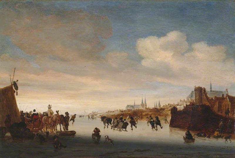 Wikioo.org - The Encyclopedia of Fine Arts - Painting, Artwork by Salomon Van Ruysdael - Winter Scene with Sledges and Skaters on a River