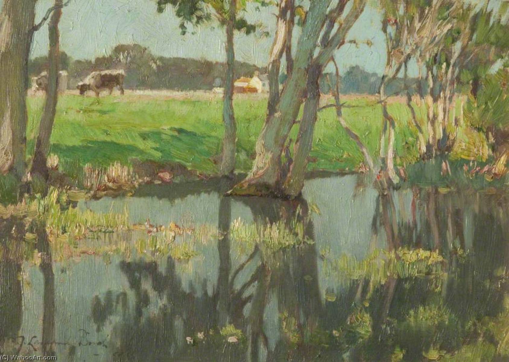 Wikioo.org - The Encyclopedia of Fine Arts - Painting, Artwork by Samuel John Lamorna Birch - Stream, Trees, Pastureland