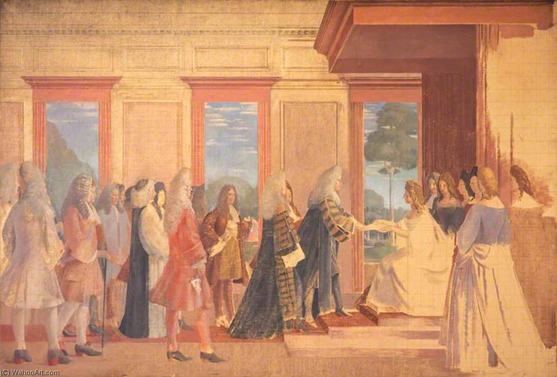 Wikioo.org - The Encyclopedia of Fine Arts - Painting, Artwork by Walter Thomas Monnington - Sketch for Mural in St Stephen's Hall, Westminster (The English and Scottish Commissioners Present the Articles of Agreement for the Union to Queen Anne, 1707)