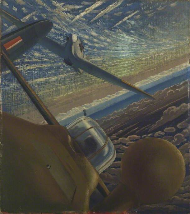 Wikioo.org - The Encyclopedia of Fine Arts - Painting, Artwork by Walter Thomas Monnington - Fighter Affiliation Halifax and Hurricane Aircraft Co Operating in Action