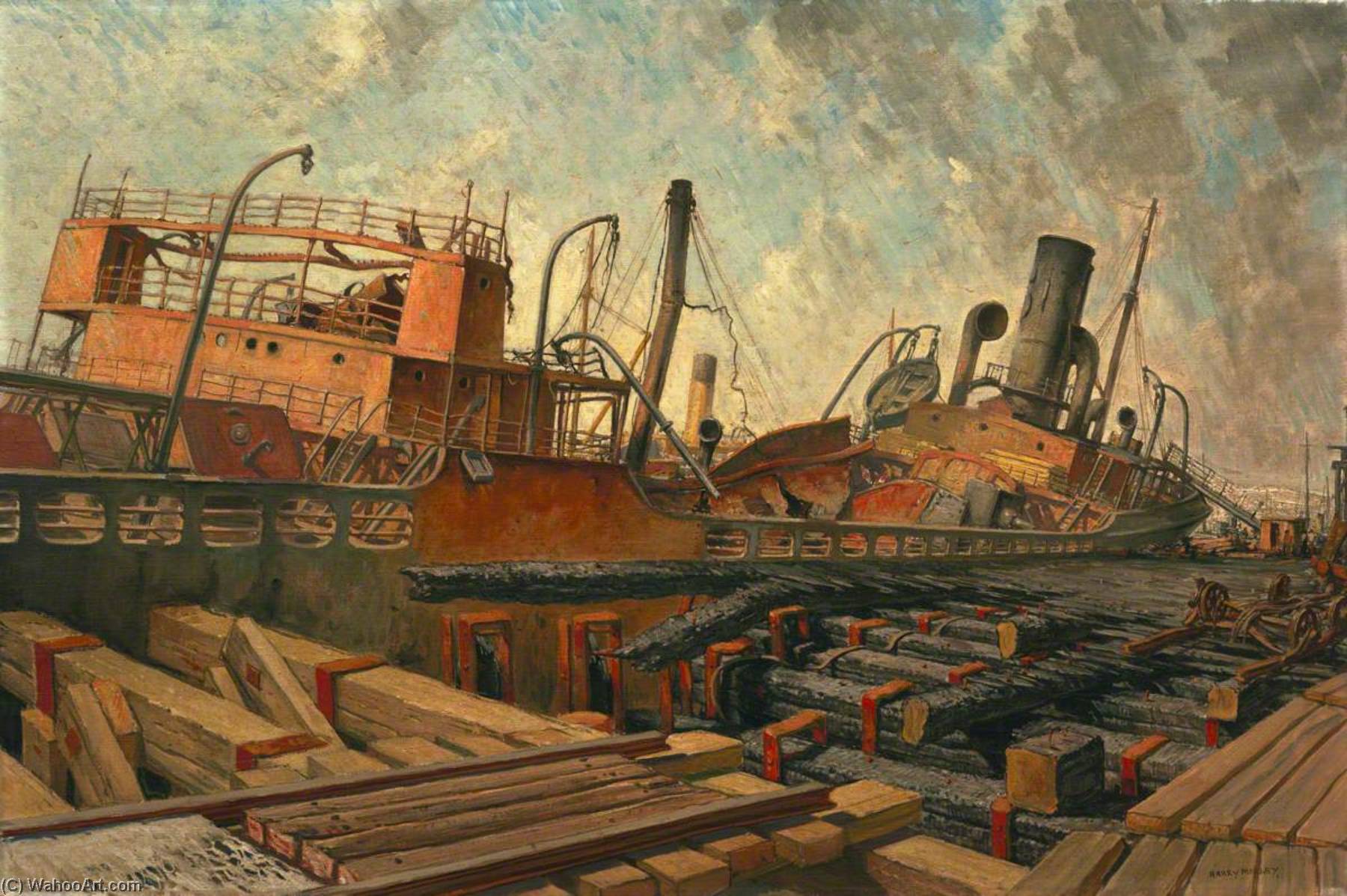 Wikioo.org - The Encyclopedia of Fine Arts - Painting, Artwork by Harry Morley - The Bombed SS 'Toscalusa' at a Western Port